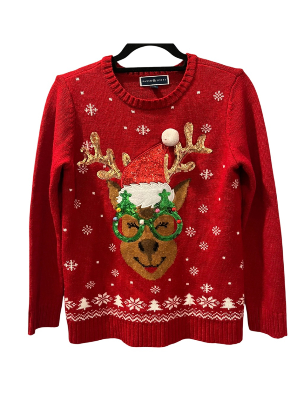 Karen Scott Women's Red Reindeer Christmas Sweater Sequin Embellished Size P Med
